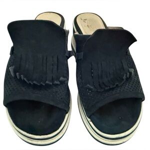 Softwaves Terracare Paltform Wedge Slide Sandals Navy Suede Kiltie Fringe Size 8